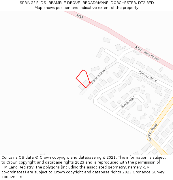 SPRINGFIELDS, BRAMBLE DROVE, BROADMAYNE, DORCHESTER, DT2 8ED: Location map and indicative extent of plot
