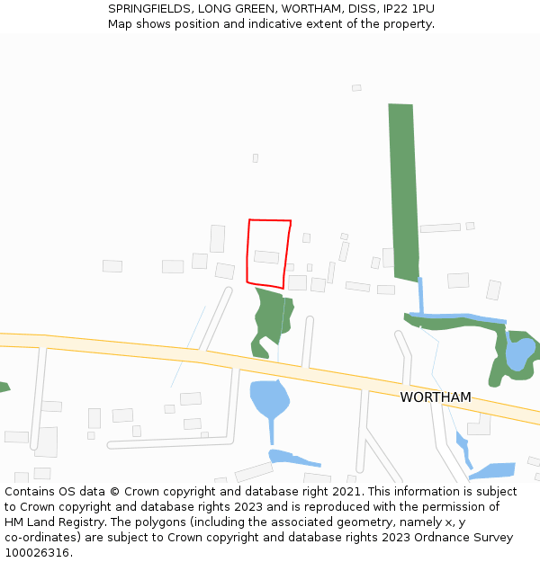 SPRINGFIELDS, LONG GREEN, WORTHAM, DISS, IP22 1PU: Location map and indicative extent of plot