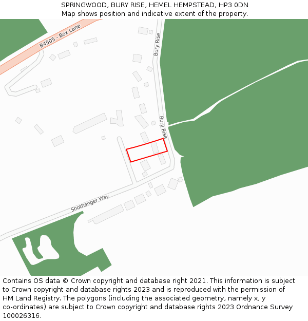 SPRINGWOOD, BURY RISE, HEMEL HEMPSTEAD, HP3 0DN: Location map and indicative extent of plot
