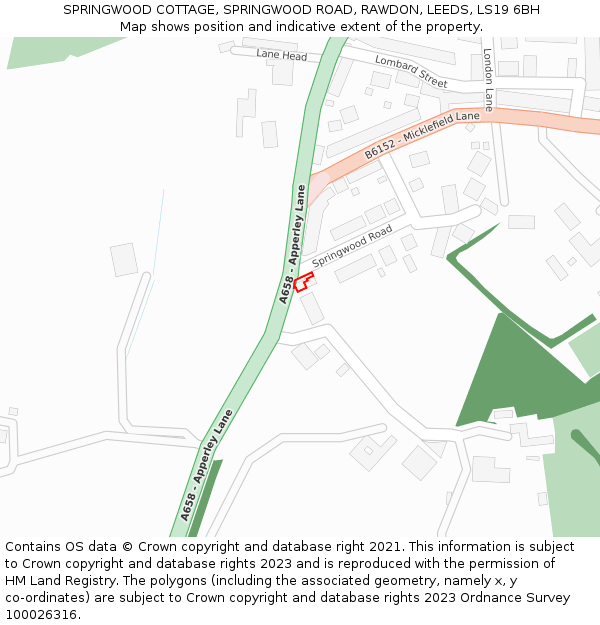 SPRINGWOOD COTTAGE, SPRINGWOOD ROAD, RAWDON, LEEDS, LS19 6BH: Location map and indicative extent of plot