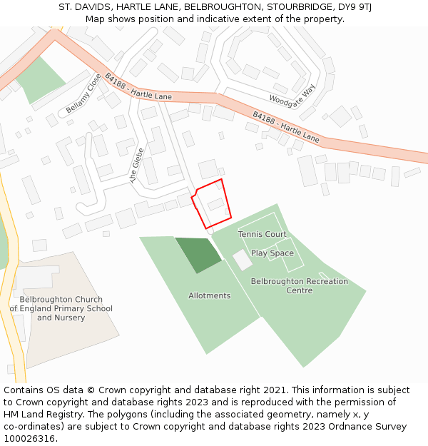 ST. DAVIDS, HARTLE LANE, BELBROUGHTON, STOURBRIDGE, DY9 9TJ: Location map and indicative extent of plot