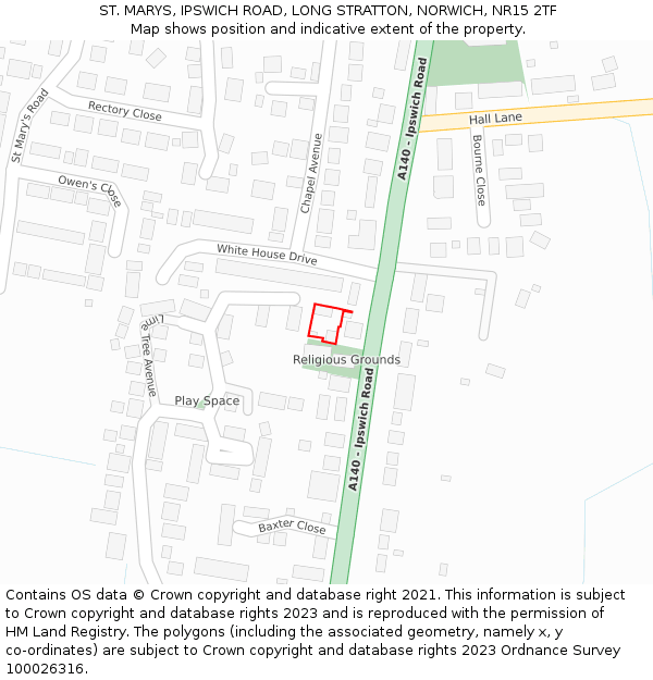 ST. MARYS, IPSWICH ROAD, LONG STRATTON, NORWICH, NR15 2TF: Location map and indicative extent of plot