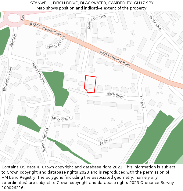 STANWELL, BIRCH DRIVE, BLACKWATER, CAMBERLEY, GU17 9BY: Location map and indicative extent of plot