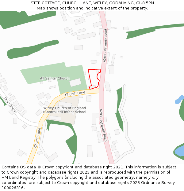 STEP COTTAGE, CHURCH LANE, WITLEY, GODALMING, GU8 5PN: Location map and indicative extent of plot