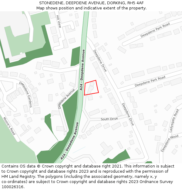 STONEDENE, DEEPDENE AVENUE, DORKING, RH5 4AF: Location map and indicative extent of plot