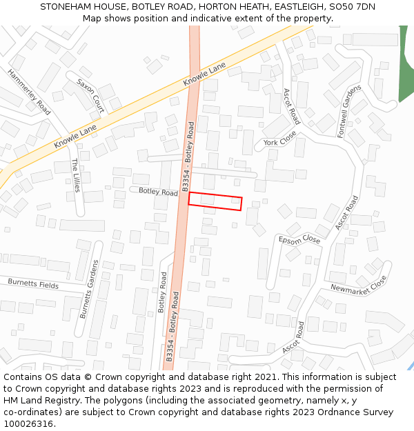 STONEHAM HOUSE, BOTLEY ROAD, HORTON HEATH, EASTLEIGH, SO50 7DN: Location map and indicative extent of plot