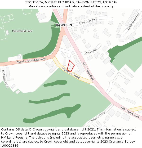 STONEVIEW, MICKLEFIELD ROAD, RAWDON, LEEDS, LS19 6AY: Location map and indicative extent of plot