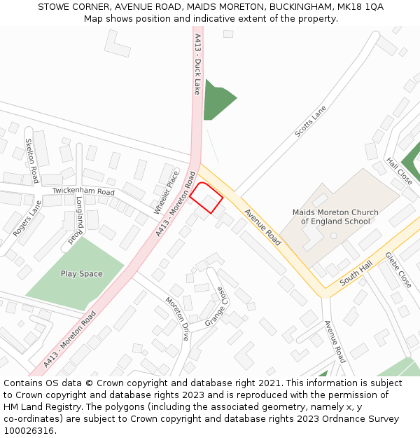STOWE CORNER, AVENUE ROAD, MAIDS MORETON, BUCKINGHAM, MK18 1QA: Location map and indicative extent of plot