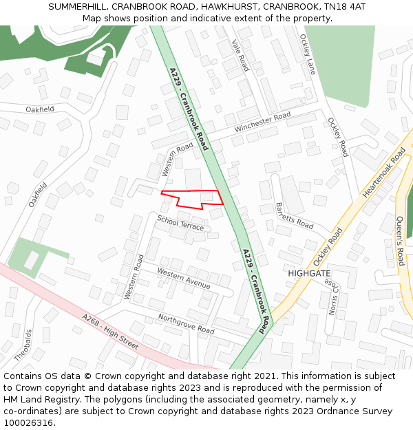 SUMMERHILL, CRANBROOK ROAD, HAWKHURST, CRANBROOK, TN18 4AT: Location map and indicative extent of plot