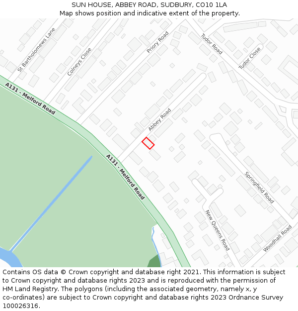 SUN HOUSE, ABBEY ROAD, SUDBURY, CO10 1LA: Location map and indicative extent of plot