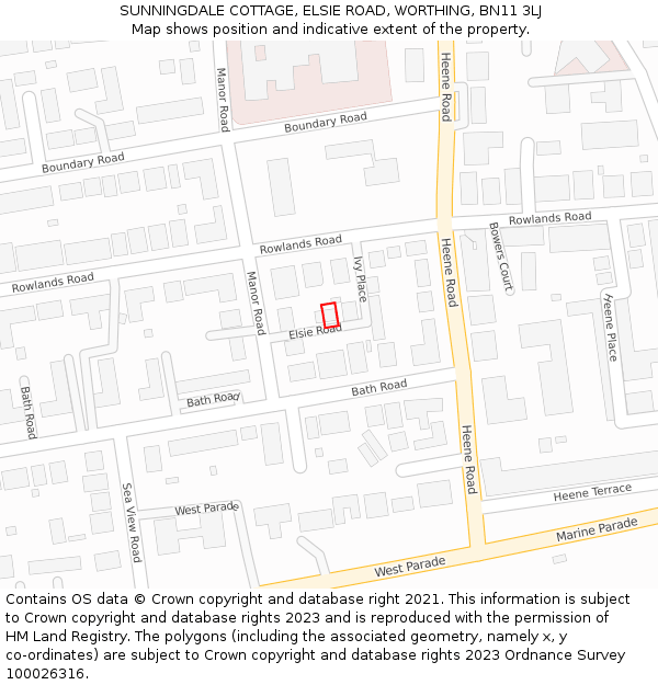 SUNNINGDALE COTTAGE, ELSIE ROAD, WORTHING, BN11 3LJ: Location map and indicative extent of plot