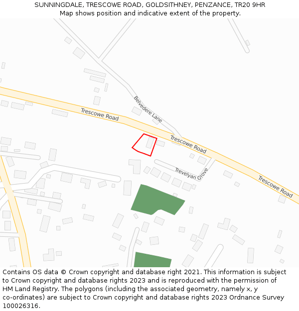 SUNNINGDALE, TRESCOWE ROAD, GOLDSITHNEY, PENZANCE, TR20 9HR: Location map and indicative extent of plot