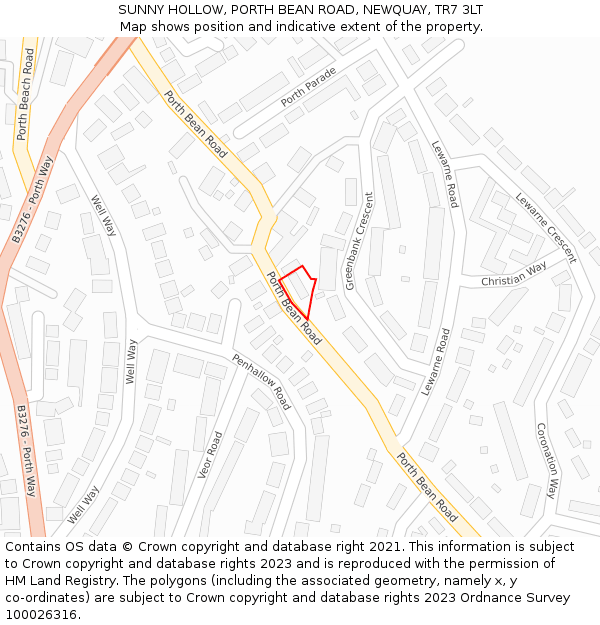 SUNNY HOLLOW, PORTH BEAN ROAD, NEWQUAY, TR7 3LT: Location map and indicative extent of plot