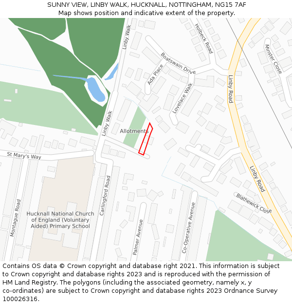 SUNNY VIEW, LINBY WALK, HUCKNALL, NOTTINGHAM, NG15 7AF: Location map and indicative extent of plot