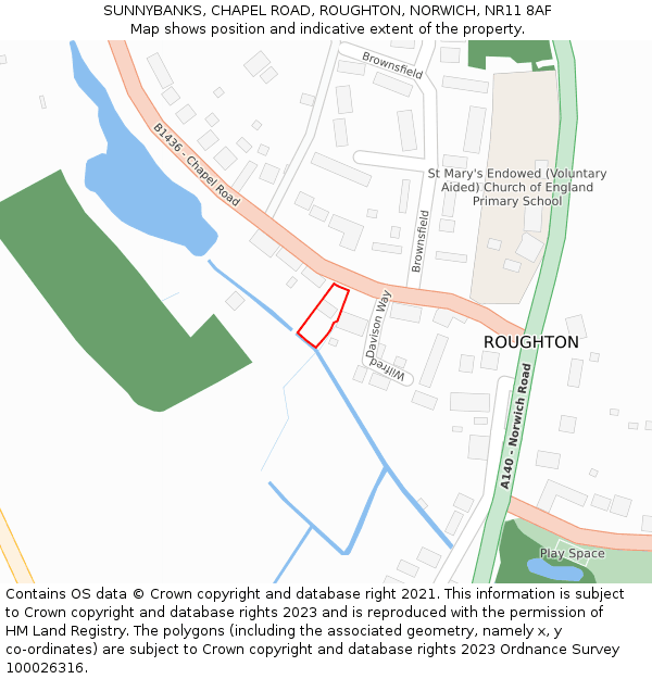 SUNNYBANKS, CHAPEL ROAD, ROUGHTON, NORWICH, NR11 8AF: Location map and indicative extent of plot