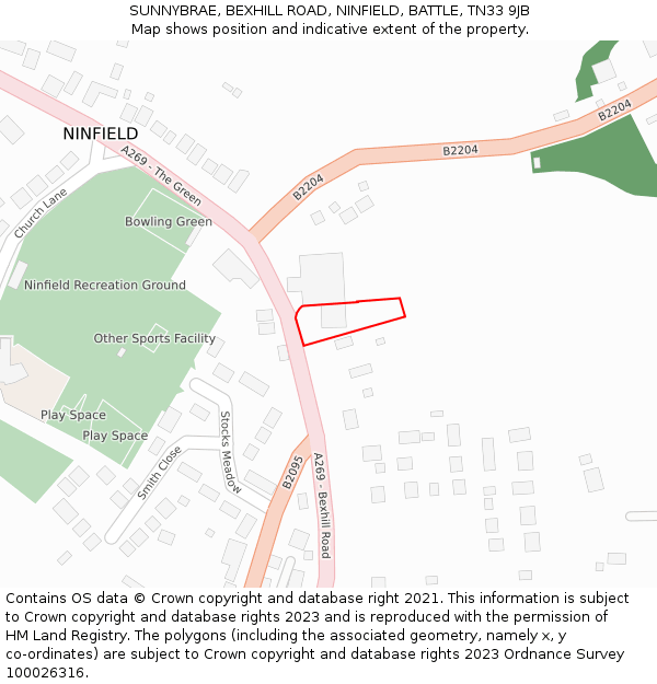 SUNNYBRAE, BEXHILL ROAD, NINFIELD, BATTLE, TN33 9JB: Location map and indicative extent of plot