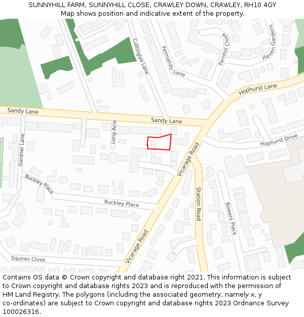 SUNNYHILL FARM, SUNNYHILL CLOSE, CRAWLEY DOWN, CRAWLEY, RH10 4GY: Location map and indicative extent of plot