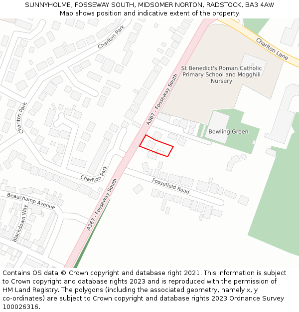 SUNNYHOLME, FOSSEWAY SOUTH, MIDSOMER NORTON, RADSTOCK, BA3 4AW: Location map and indicative extent of plot