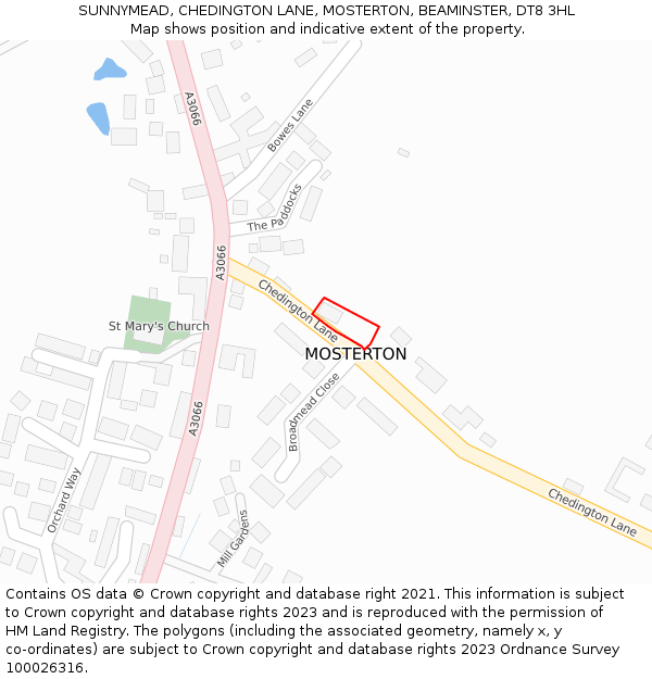 SUNNYMEAD, CHEDINGTON LANE, MOSTERTON, BEAMINSTER, DT8 3HL: Location map and indicative extent of plot