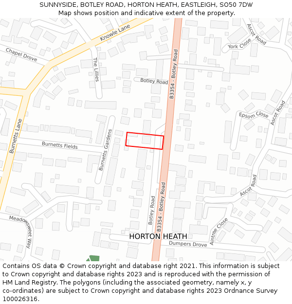SUNNYSIDE, BOTLEY ROAD, HORTON HEATH, EASTLEIGH, SO50 7DW: Location map and indicative extent of plot