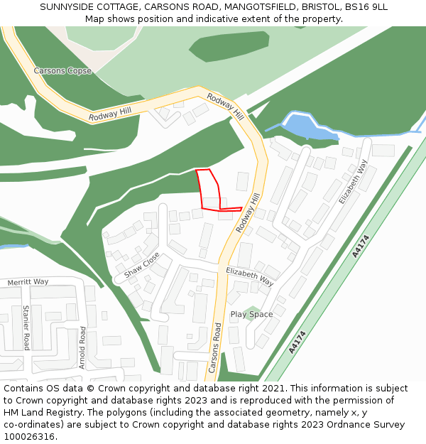 SUNNYSIDE COTTAGE, CARSONS ROAD, MANGOTSFIELD, BRISTOL, BS16 9LL: Location map and indicative extent of plot