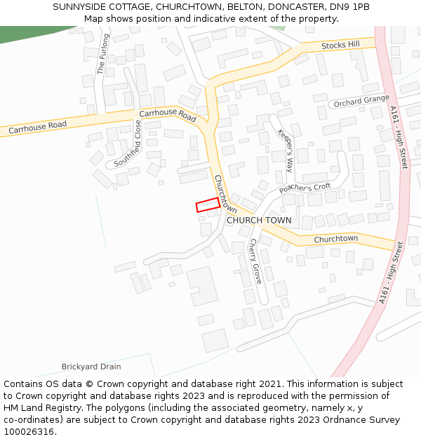 SUNNYSIDE COTTAGE, CHURCHTOWN, BELTON, DONCASTER, DN9 1PB: Location map and indicative extent of plot