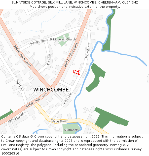 SUNNYSIDE COTTAGE, SILK MILL LANE, WINCHCOMBE, CHELTENHAM, GL54 5HZ: Location map and indicative extent of plot