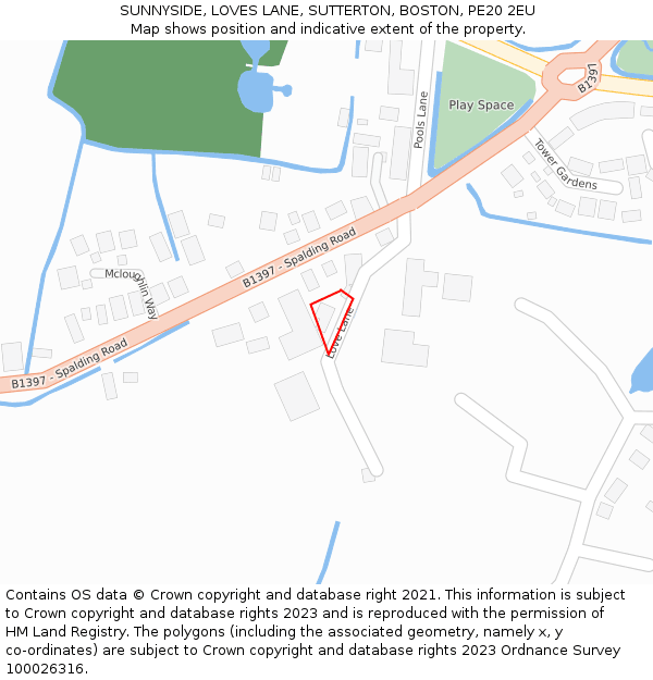 SUNNYSIDE, LOVES LANE, SUTTERTON, BOSTON, PE20 2EU: Location map and indicative extent of plot