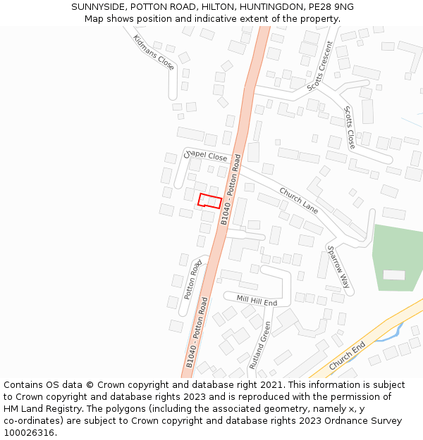 SUNNYSIDE, POTTON ROAD, HILTON, HUNTINGDON, PE28 9NG: Location map and indicative extent of plot