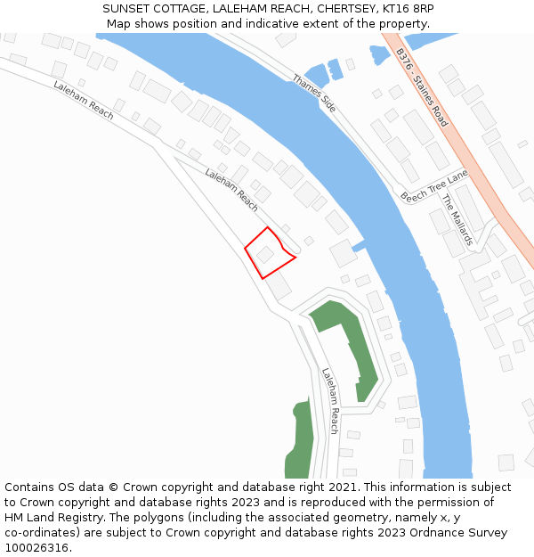 SUNSET COTTAGE, LALEHAM REACH, CHERTSEY, KT16 8RP: Location map and indicative extent of plot