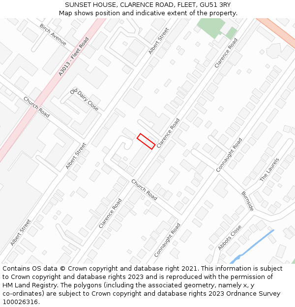 SUNSET HOUSE, CLARENCE ROAD, FLEET, GU51 3RY: Location map and indicative extent of plot