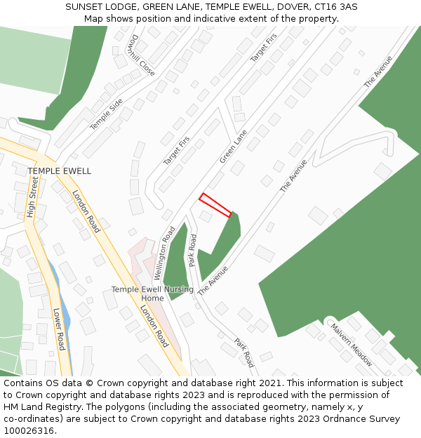 SUNSET LODGE, GREEN LANE, TEMPLE EWELL, DOVER, CT16 3AS: Location map and indicative extent of plot