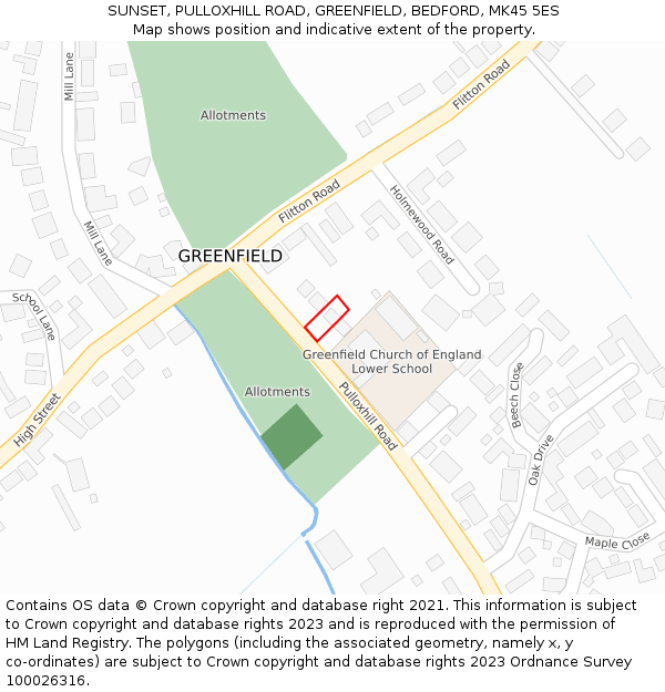 SUNSET, PULLOXHILL ROAD, GREENFIELD, BEDFORD, MK45 5ES: Location map and indicative extent of plot