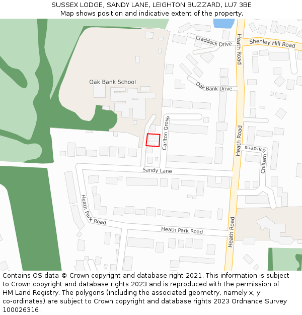 SUSSEX LODGE, SANDY LANE, LEIGHTON BUZZARD, LU7 3BE: Location map and indicative extent of plot