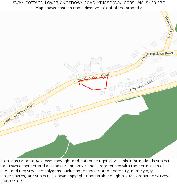 SWAN COTTAGE, LOWER KINGSDOWN ROAD, KINGSDOWN, CORSHAM, SN13 8BG: Location map and indicative extent of plot