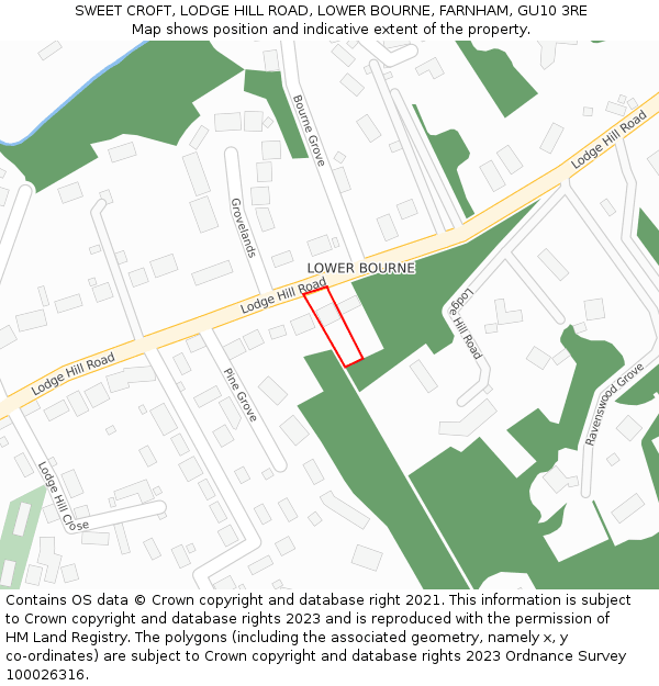 SWEET CROFT, LODGE HILL ROAD, LOWER BOURNE, FARNHAM, GU10 3RE: Location map and indicative extent of plot