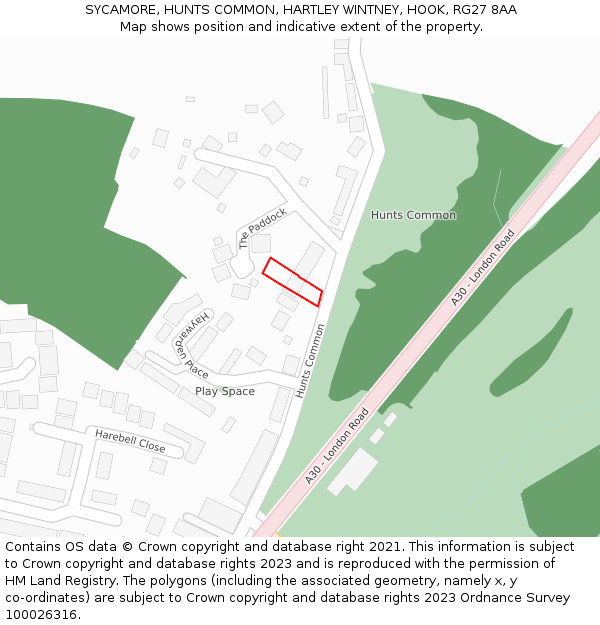 SYCAMORE, HUNTS COMMON, HARTLEY WINTNEY, HOOK, RG27 8AA: Location map and indicative extent of plot