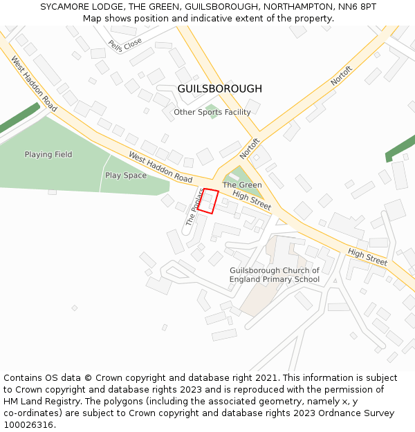 SYCAMORE LODGE, THE GREEN, GUILSBOROUGH, NORTHAMPTON, NN6 8PT: Location map and indicative extent of plot