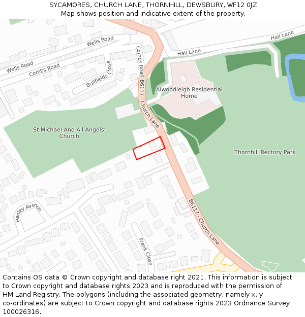SYCAMORES, CHURCH LANE, THORNHILL, DEWSBURY, WF12 0JZ: Location map and indicative extent of plot