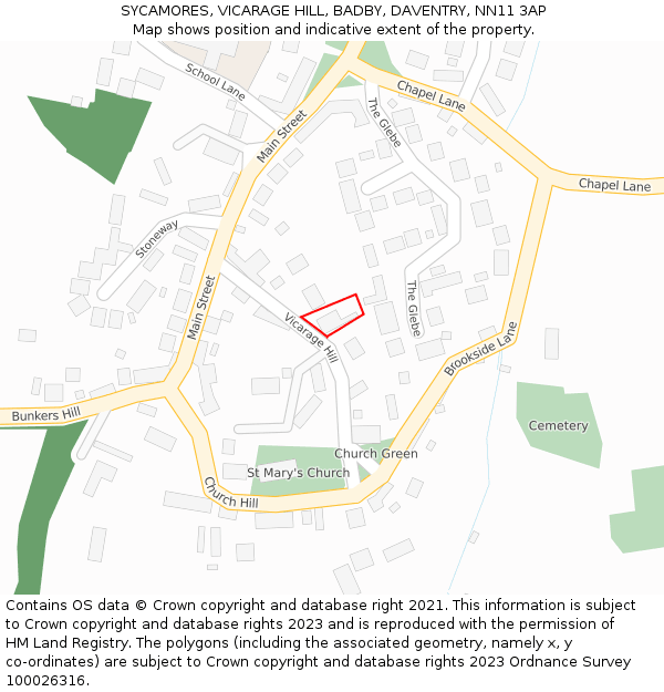 SYCAMORES, VICARAGE HILL, BADBY, DAVENTRY, NN11 3AP: Location map and indicative extent of plot