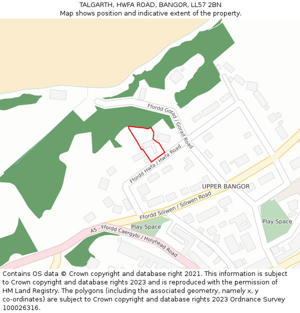 TALGARTH, HWFA ROAD, BANGOR, LL57 2BN: Location map and indicative extent of plot