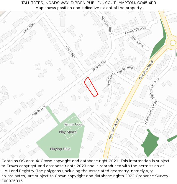 TALL TREES, NOADS WAY, DIBDEN PURLIEU, SOUTHAMPTON, SO45 4PB: Location map and indicative extent of plot