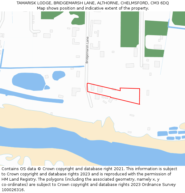 TAMARISK LODGE, BRIDGEMARSH LANE, ALTHORNE, CHELMSFORD, CM3 6DQ: Location map and indicative extent of plot