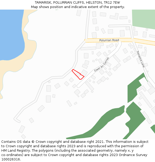 TAMARISK, POLURRIAN CLIFFS, HELSTON, TR12 7EW: Location map and indicative extent of plot