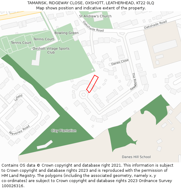 TAMARISK, RIDGEWAY CLOSE, OXSHOTT, LEATHERHEAD, KT22 0LQ: Location map and indicative extent of plot