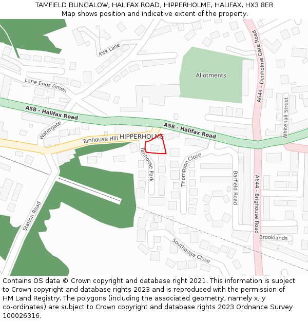 TAMFIELD BUNGALOW, HALIFAX ROAD, HIPPERHOLME, HALIFAX, HX3 8ER: Location map and indicative extent of plot