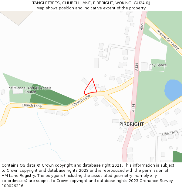 TANGLETREES, CHURCH LANE, PIRBRIGHT, WOKING, GU24 0JJ: Location map and indicative extent of plot