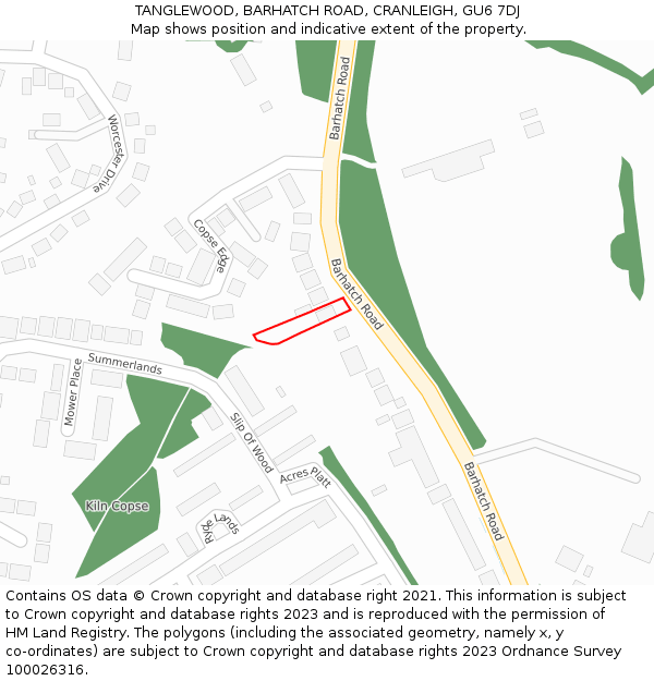 TANGLEWOOD, BARHATCH ROAD, CRANLEIGH, GU6 7DJ: Location map and indicative extent of plot