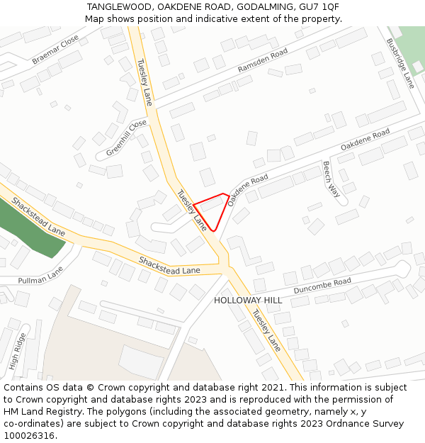 TANGLEWOOD, OAKDENE ROAD, GODALMING, GU7 1QF: Location map and indicative extent of plot