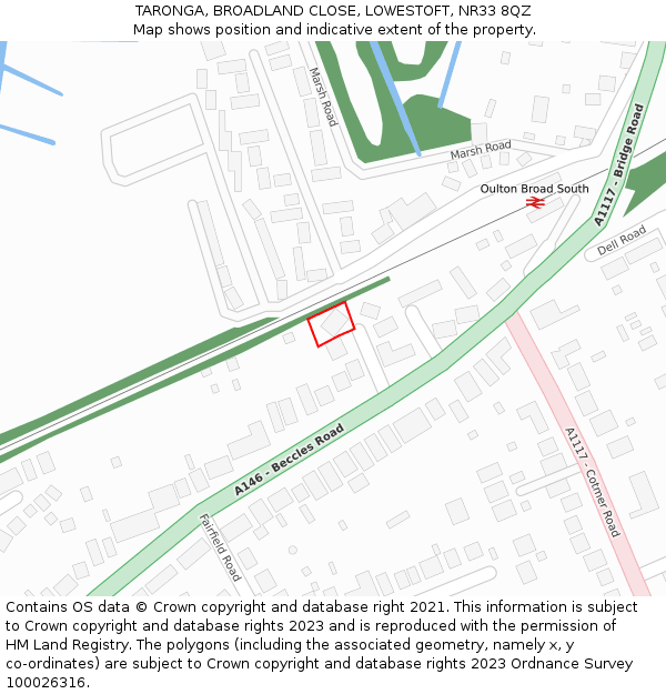 TARONGA, BROADLAND CLOSE, LOWESTOFT, NR33 8QZ: Location map and indicative extent of plot